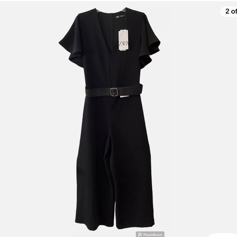 Zara wide leg ruffled sleeves belted black jumpsuit size small